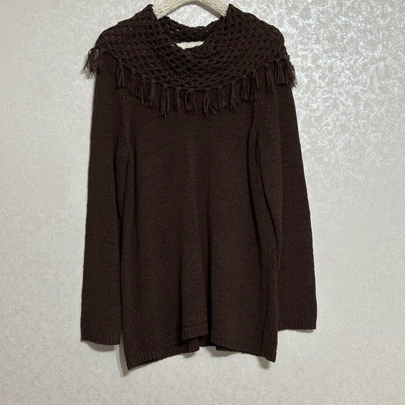 Multiples Sweaters - Multiples 1X Brown Knit Long Sleeve Sweater Cowl Neck Crochet Collar Fringe Trim